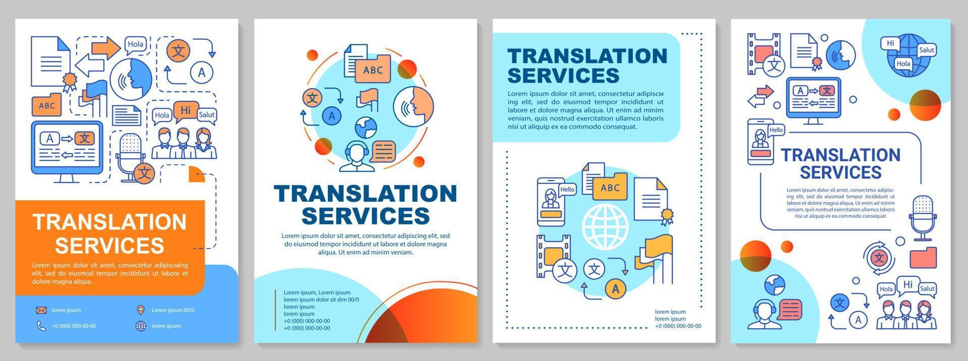 Translation services brochure template layout. Foreign language translation. Flyer, booklet, leaflet print design with linear illustrations. Vector page layouts for magazines, advertising posters