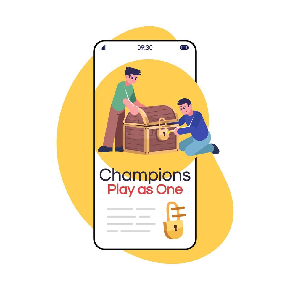 Champions play as one social media post smartphone app screen. Logic game, searching treasure. Mobile phone display with cartoon characters design mockup. Quest room application telephone interface vector