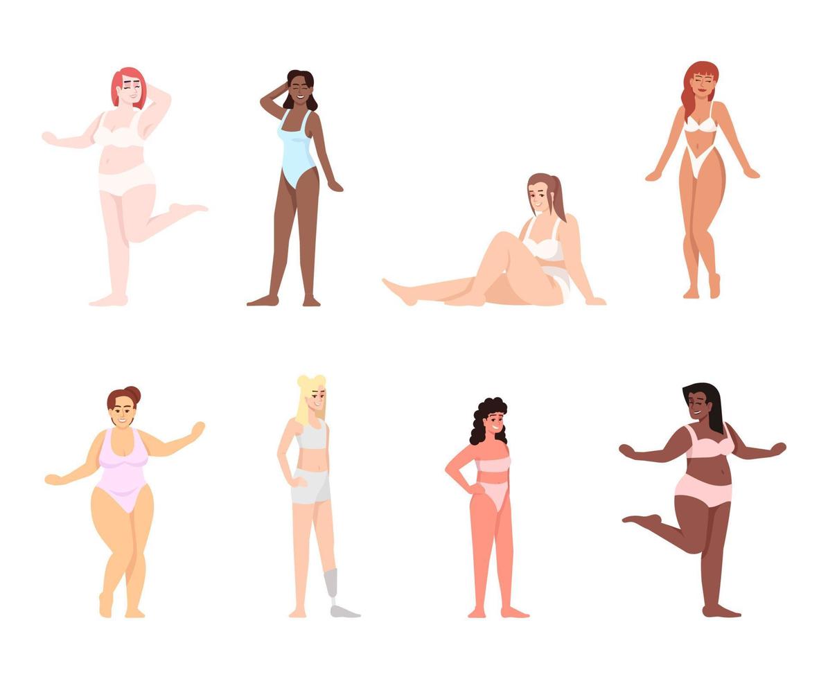 Women dressed in swimsuits and lingerie flat vector illustrations set. Body positive. Struggle for equality and feminism. Smiling ladies of different nationalities isolated cartoon characters
