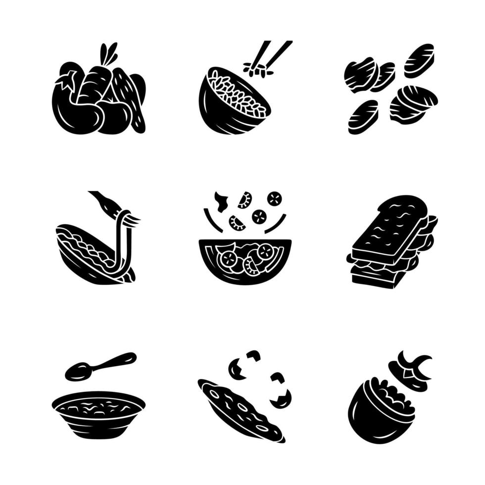 Conjunto de iconos de glifos de platos de menú de restaurante. ensaladas, sopas, platos principales. arroz, verduras a la plancha, tortilla, pasta, sándwich. comida nutritiva. símbolos de silueta. vector ilustración aislada