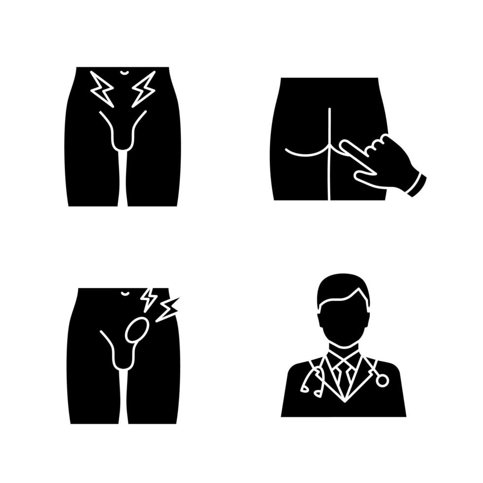 Men's health glyph icons set. Silhouette symbol. Prostate cancer diagnosis, digital rectal exam, inguinal hernia, urologist. Groin pain, bulging, doctor, male infertility. Vector isolated illustration
