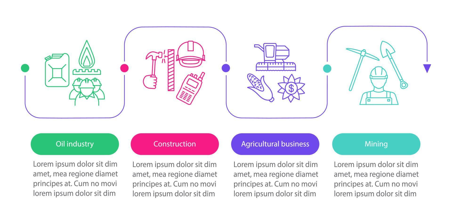 plantilla de infografía de vector de producción. industria petrolera, construcción, agropecuaria, minería. elementos de presentación. pasos y opciones de visualización de datos. gráfico de la línea de tiempo del proceso. diseño del flujo de trabajo