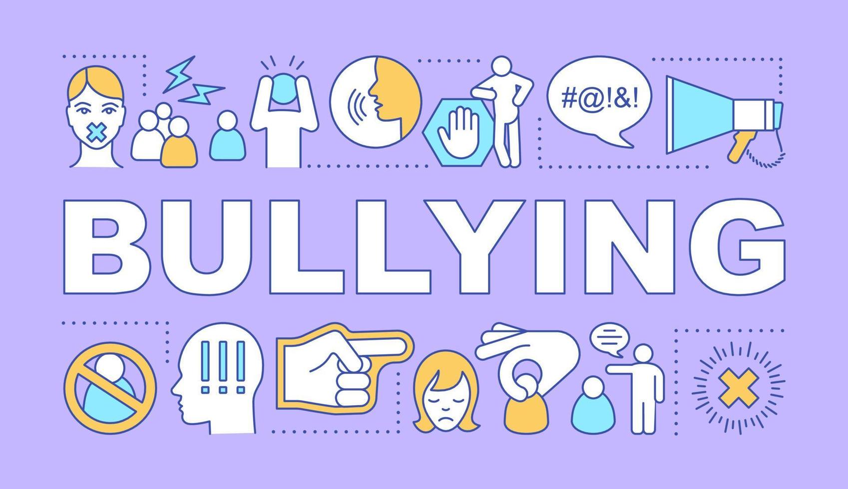 Bullying word concepts banner. Social abuse, oppression and violence. Prejudice and discrimination. Presentation, website. Isolated lettering typography with linear icons. Vector outline illustration