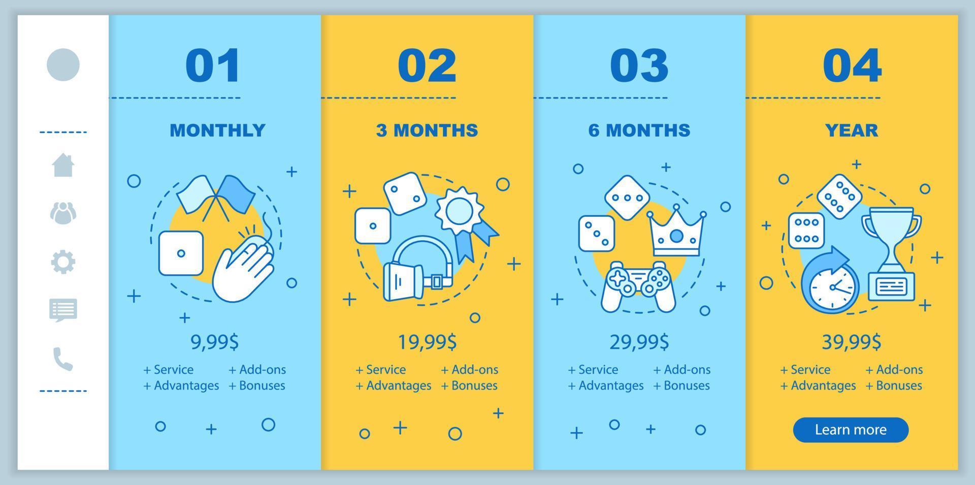 Pagar y jugar membresía incorporando pantallas de aplicaciones móviles con precios. vr, computadora, plantillas de sitios web de tutorial de juegos de apuestas. Pasos de planes tarifarios de ocio y entretenimiento. página web de pago de smartphone vector