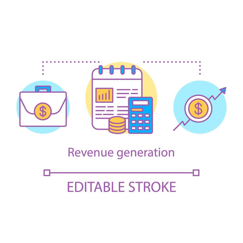 Revenue generation concept icon. Success and income increase idea thin line illustration. Business development. Financing and budgeting. Vector isolated outline drawing. Editable stroke