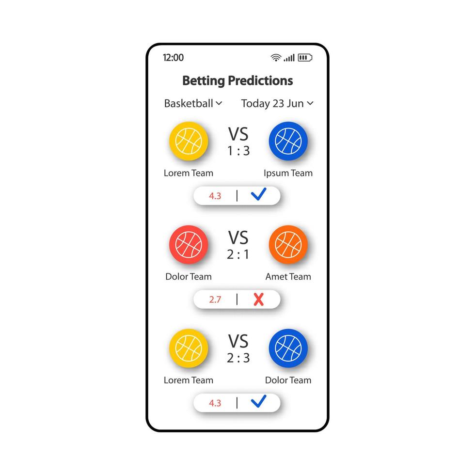 Betting predictions smartphone interface vector template. Mobile app page white design layout. Score forecast screen. Flat UI for application. Predicting winners, point spread phone display