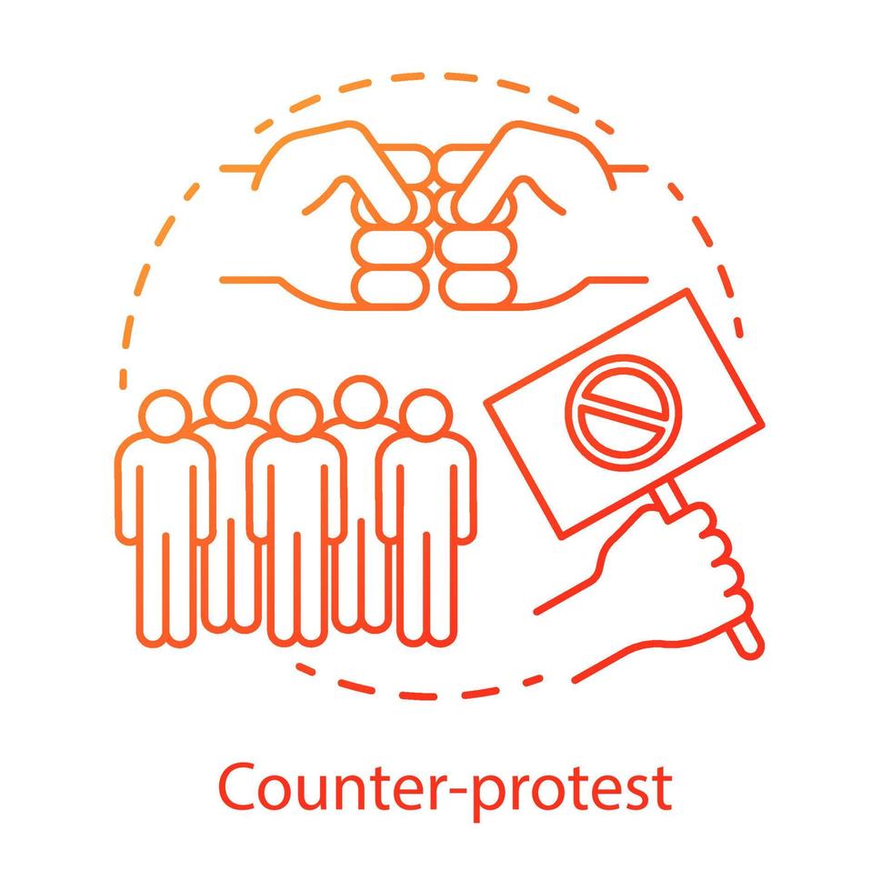 Counter protest concept icon. Public confrontation, disagreement manifestation idea thin line illustration. Hand holding placard, fists and crowd vector isolated outline drawing. Political rally