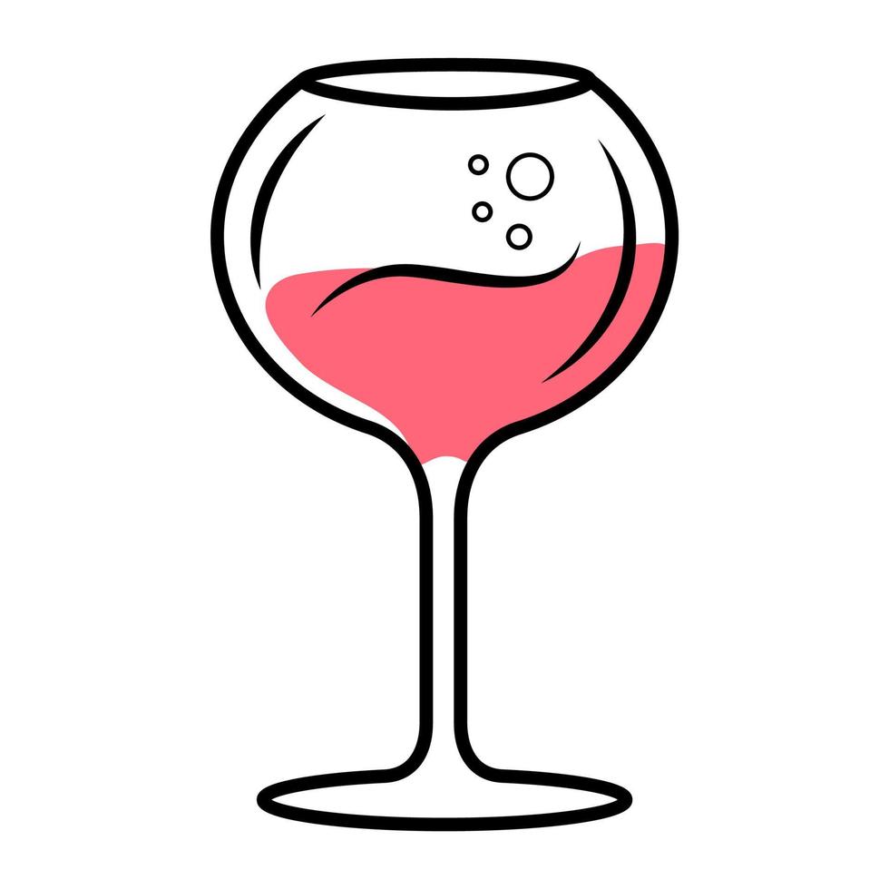 Red wine pink color icon. Chardonnay wineglass. Alcohol beverage with bubbles. Party cocktail. Sweet aperitif drink. Tableware, glassware for bar, restaurant. Isolated vector illustration