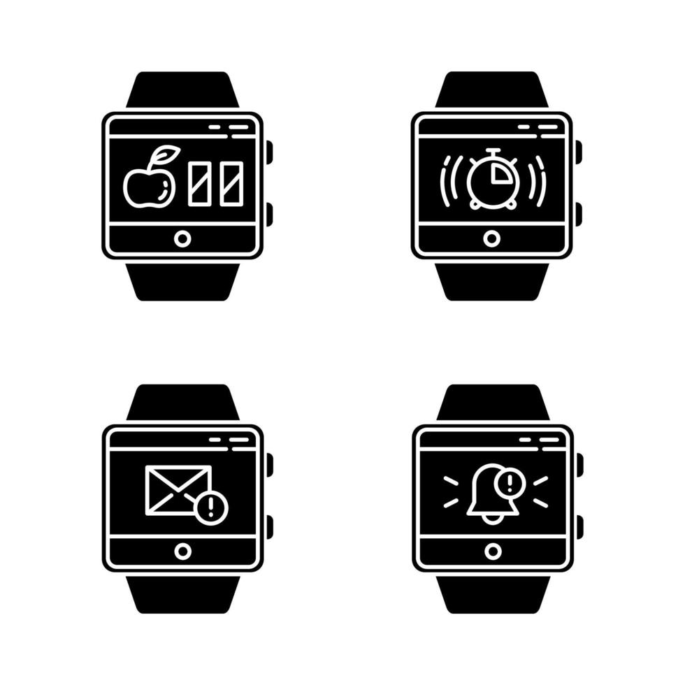 Fitness tracker functions glyph icons set. Silhouette symbols. Smartwatch capabilities and wellness services. Calories counter, stopwatch, notifications, messages. Vector isolated illustration