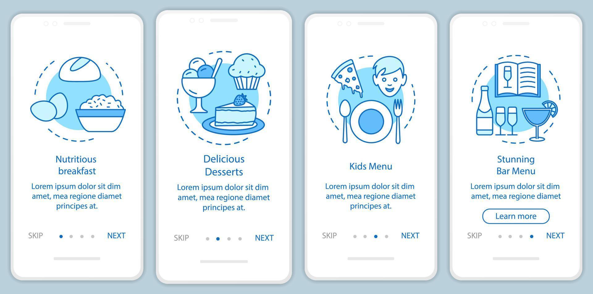 Food service onboarding mobile app page screen vector template. Restaurant, cafeteria menu. Walkthrough website steps with linear illustrations. UX, UI, GUI smartphone interface concept