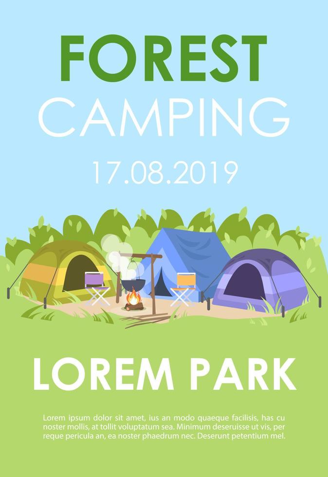 Forest camping brochure template. Summer recreation flyer, booklet, leaflet concept with flat illustrations. Vector page layout for magazine. Outdoor festival advertising invitation with text space