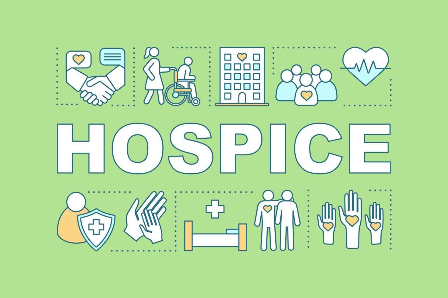 Hospice word concepts banner. Healthcare for sick, terminally ill, old people. Medical care. Presentation, website. Isolated lettering typography idea with linear icons. Vector outline illustration