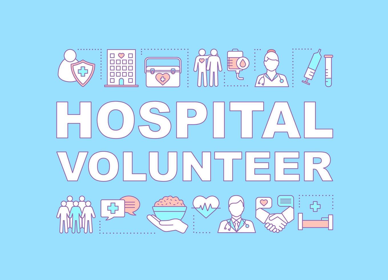 Hospital volunteer word concepts banner. Hospice care. Presentation, website. Medicine and healthcare. Medical assistance. Isolated lettering typography with linear icons. Vector outline illustration