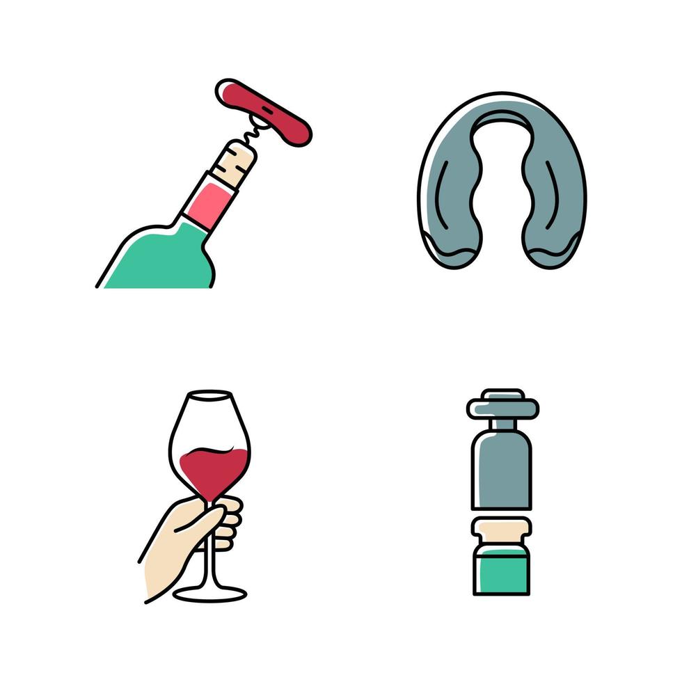 Winery and wine service icons set. Hand holding glass of cocktail. Bottle with corkscrew. Decanter, foil cutter. Aperitif drink, alcohol beverage. Barman, restaurant. Isolated vector illustrations