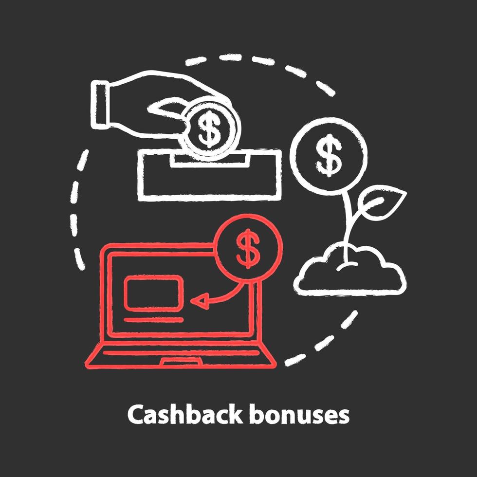 Cashback bonuses chalk concept icon. Cash back service idea. Customer loyalty. Reward, benefit program. Money refund. Vector isolated chalkboard illustration