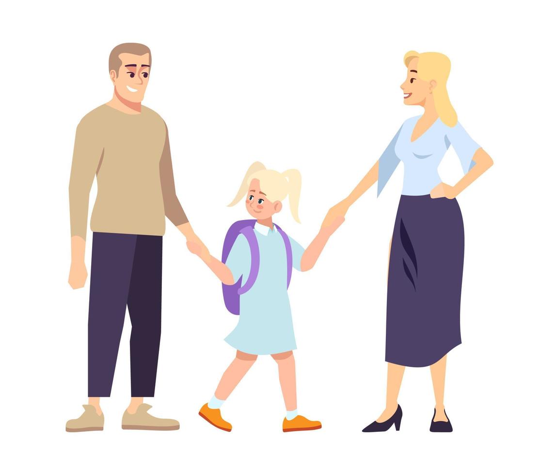 Parents and daughter schoolgirl holding hands flat illustration. First day at school. Young father, mather and blonde preteen schoolkid. Family going to school together isolated cartoon characters vector