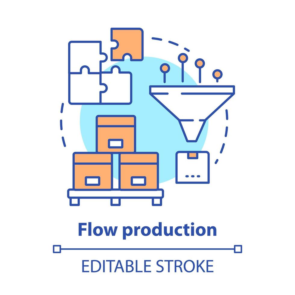 icono del concepto de producción de flujo. Ilustración de línea fina de idea de fabricación de flujo continuo. proceso de producción, fabricación. Fabricación ininterrumpida. dibujo de contorno aislado vectorial. trazo editable vector