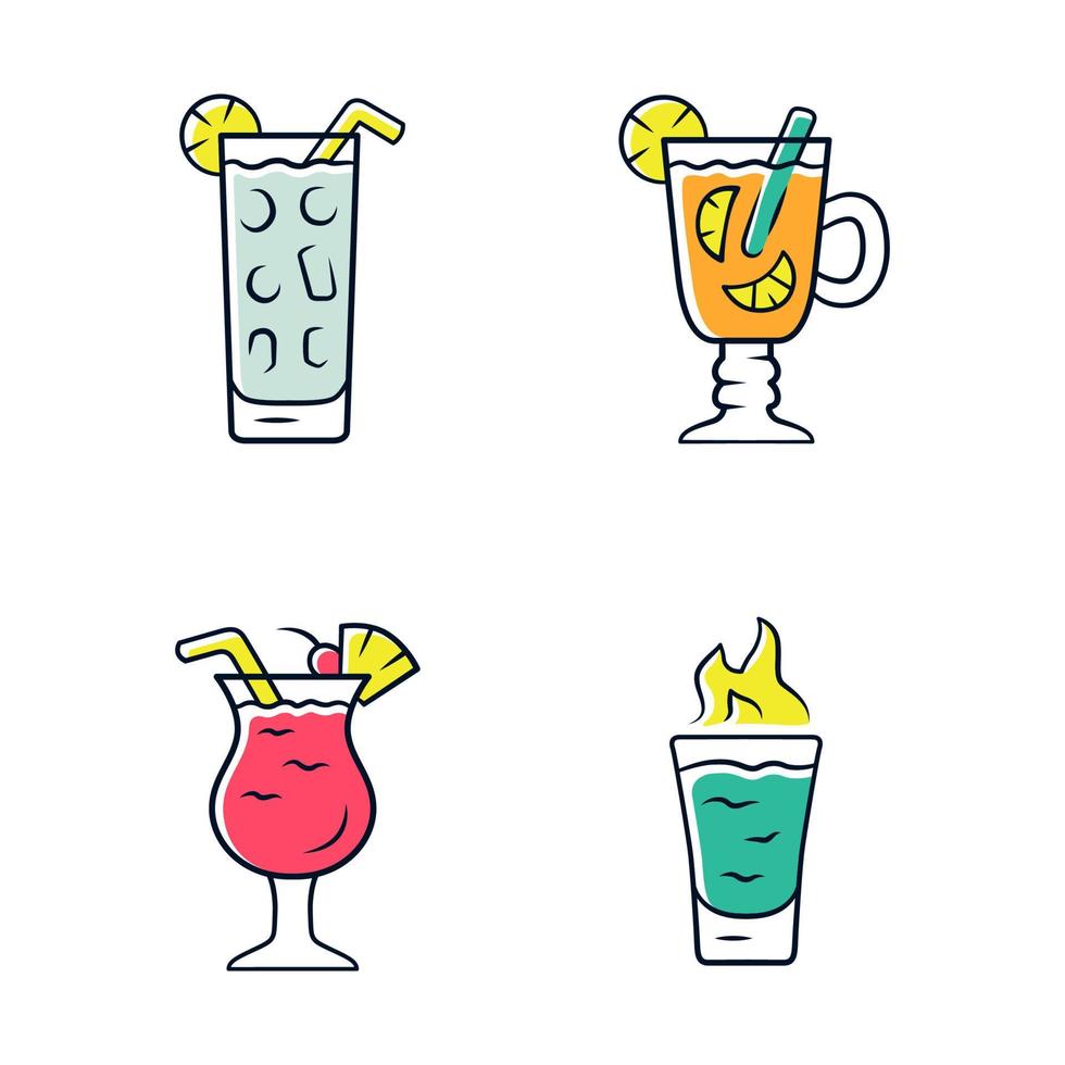 conjunto de iconos de colores de bebidas. coctel en copa highball, hot toddy, piña colada, flaming shot. mezclas alcohólicas y refrescos. bebidas refrescantes y calientes. ilustraciones vectoriales aisladas vector