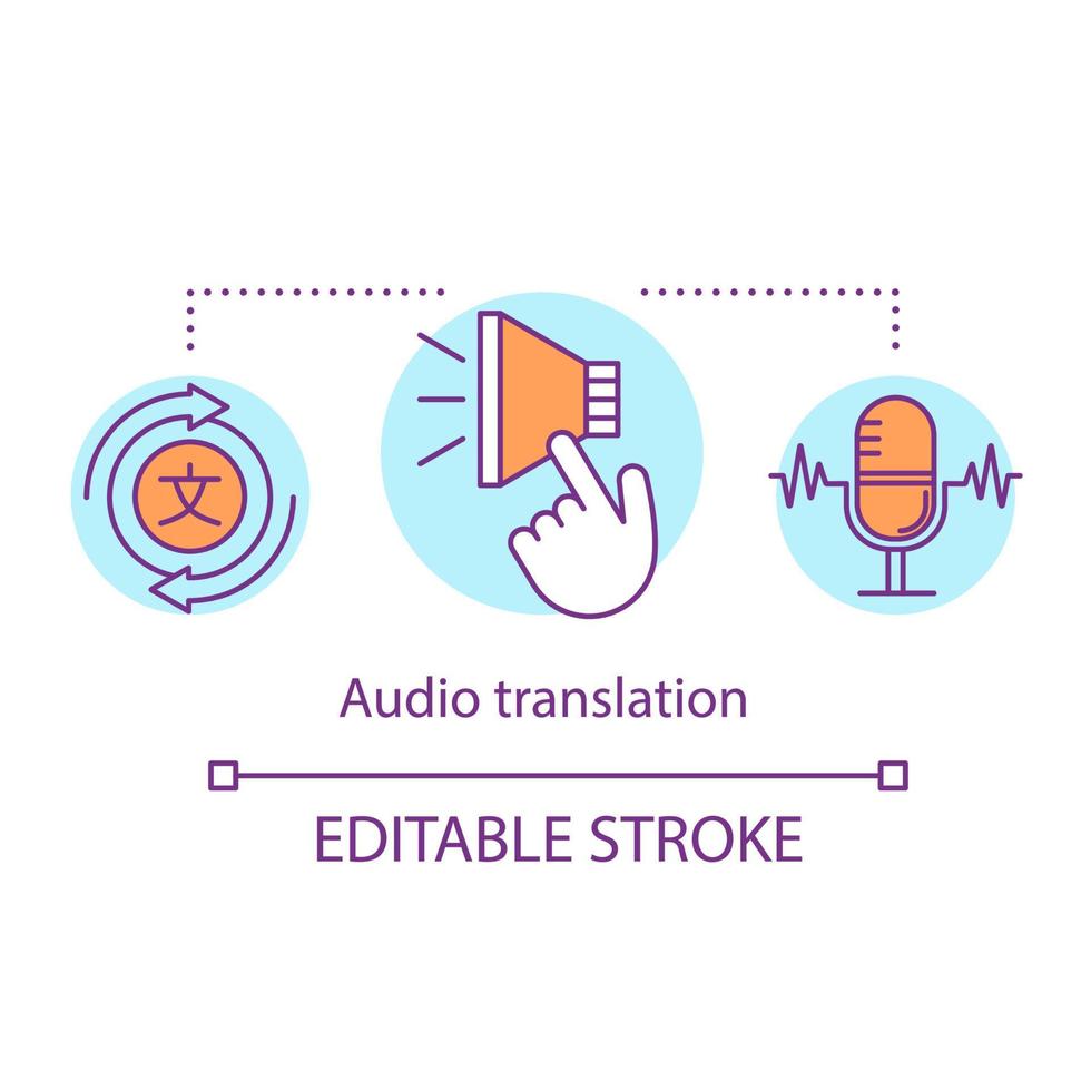 Translation services concept icon. Audio translation idea thin line illustration. Speech and media interpretation, language transformation. Vector isolated outline drawing. Editable stroke