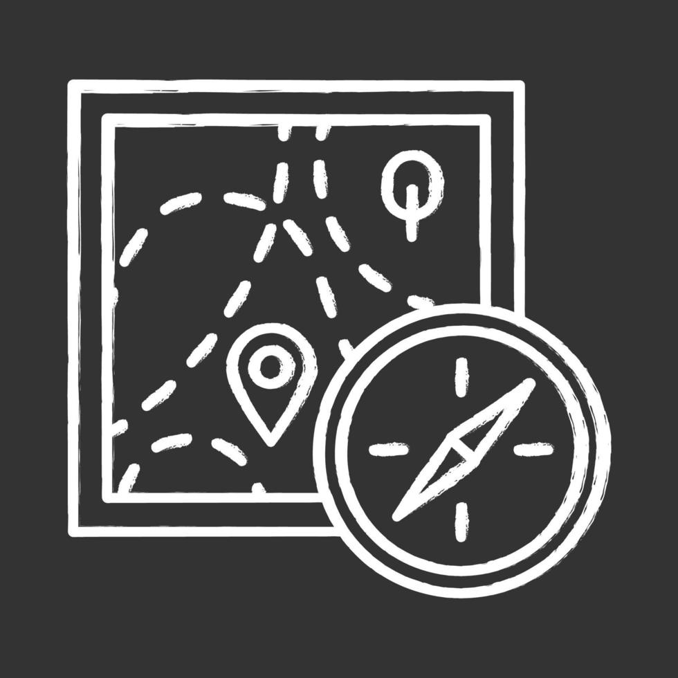 Foot orienteering chalk icon. Topographical map and compass. Navigating in unfamiliar terrain. Navigation equipment. Hiking, tracking. Marked route. Isolated vector chalkboard illustration