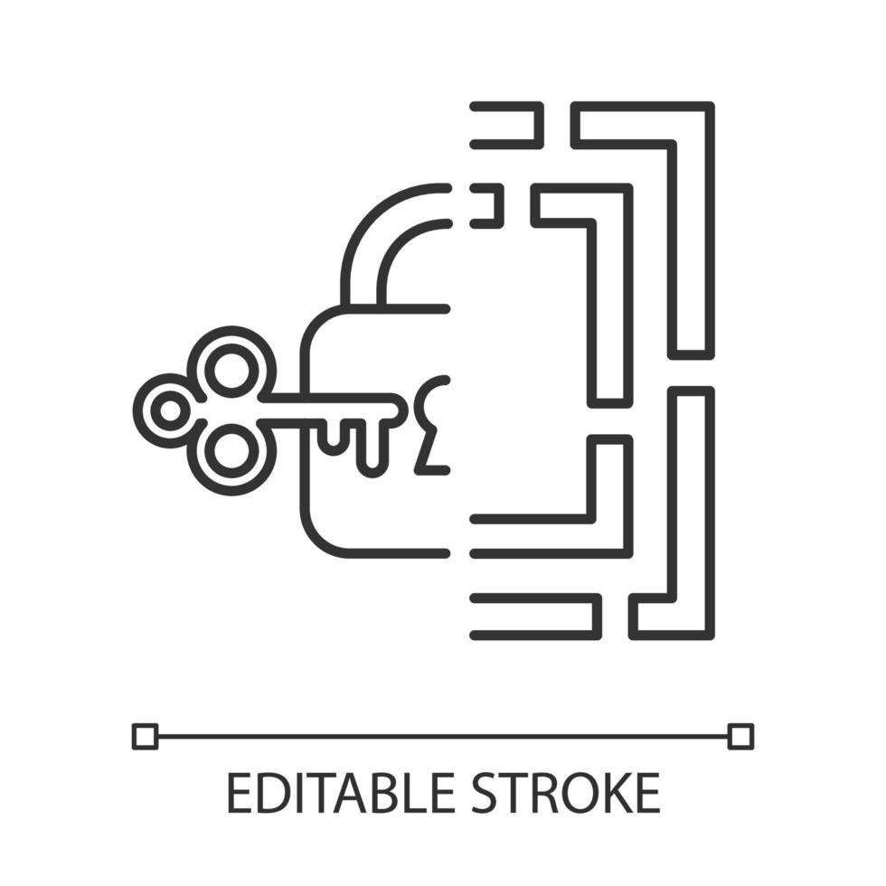 Riddle solution finding linear icon. Maze, key-lock puzzle. Mental exercise. Logic game. Ingenuity test. Thin line illustration. Contour symbol. Vector isolated outline drawing. Editable stroke