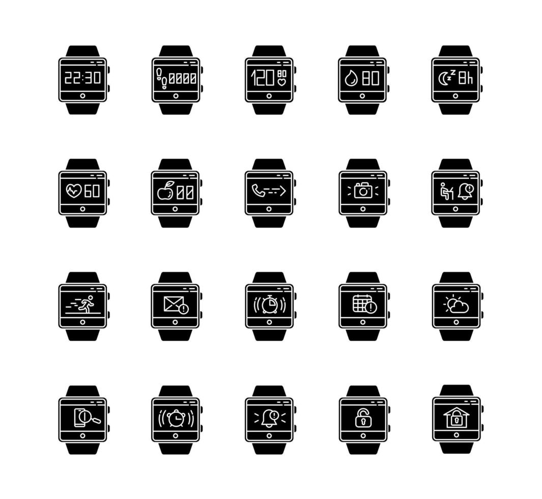 Conjunto de iconos de glifos de funciones de rastreador de fitness. símbolos de silueta. capacidades de reloj inteligente y servicios de bienestar. aplicaciones de salud, monitoreo del sueño, seguimiento de la frecuencia cardíaca. vector ilustración aislada