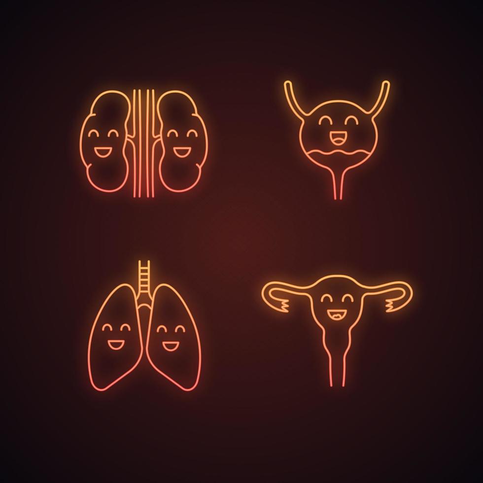 Smiling human internal organs neon light icons set. Happy kidneys, urinary bladder, lungs, uterus. Healthy pulmonary, urinary, reproductive systems. Glowing signs. Vector isolated illustrations