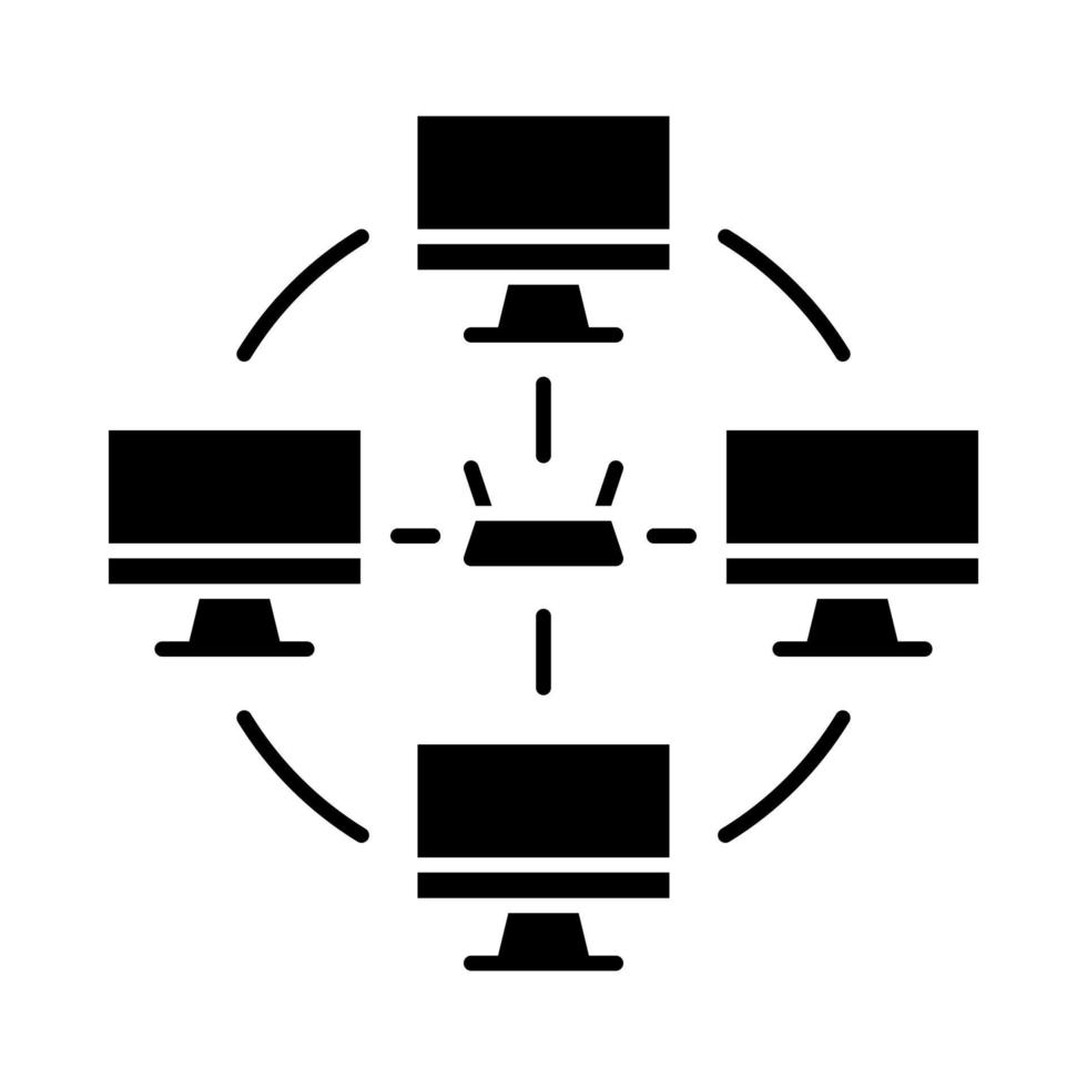 Local area network glyph icon. Esports community. LAN. Computer network. Interconnections between gamers. Silhouette symbol. Negative space. Vector isolated illustration