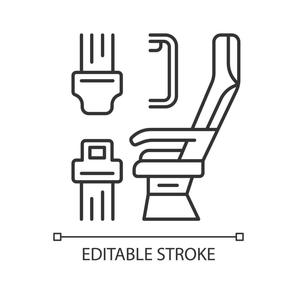 Seat belt linear icon. Airplane safe seating. Plane safeness. Safety measures. Aviation service. Thin line illustration. Contour symbol. Vector isolated outline drawing. Editable stroke