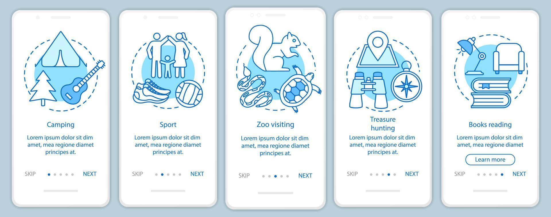 Family time together onboarding mobile app page screen with linear concepts. Sport and camping. Five walkthrough steps graphic instructions. Zoo visiting. UX, UI, GUI vector template, illustrations