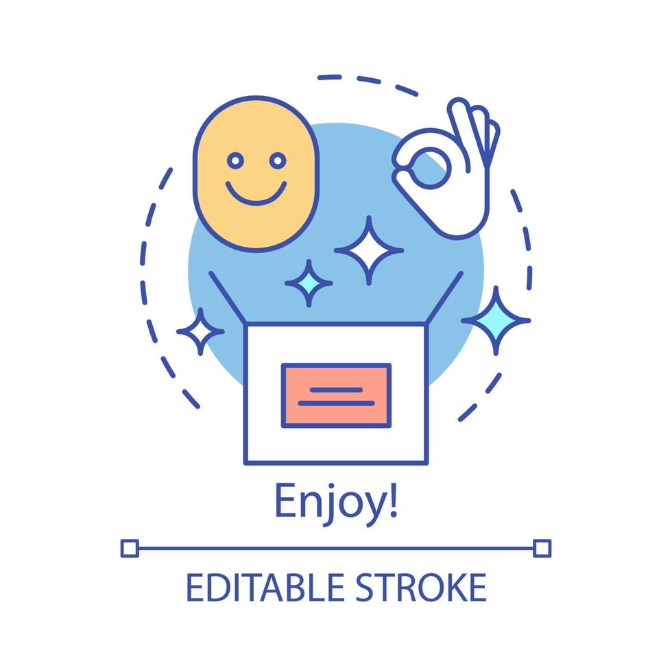 Online shopping enjoyment concept icon. Excellent service idea thin line illustration. Good purchase, buy. Customer, buyer, client satisfaction. Vector isolated outline drawing. Editable stroke