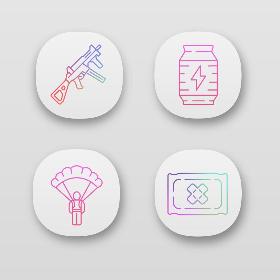 Online game inventory app icons set. Battle royale. Computer game equipment. Weapon, energy drink, parachute, bandage. Web or mobile applications. Vector isolated illustrations