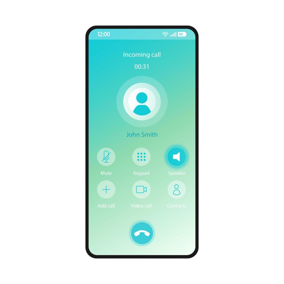 Switch speaker smartphone interface vector template. Mobile app page blue gradient design layout. Incoming call, voicemail screen. Flat UI for application. Mute, keypad buttons. Phone display
