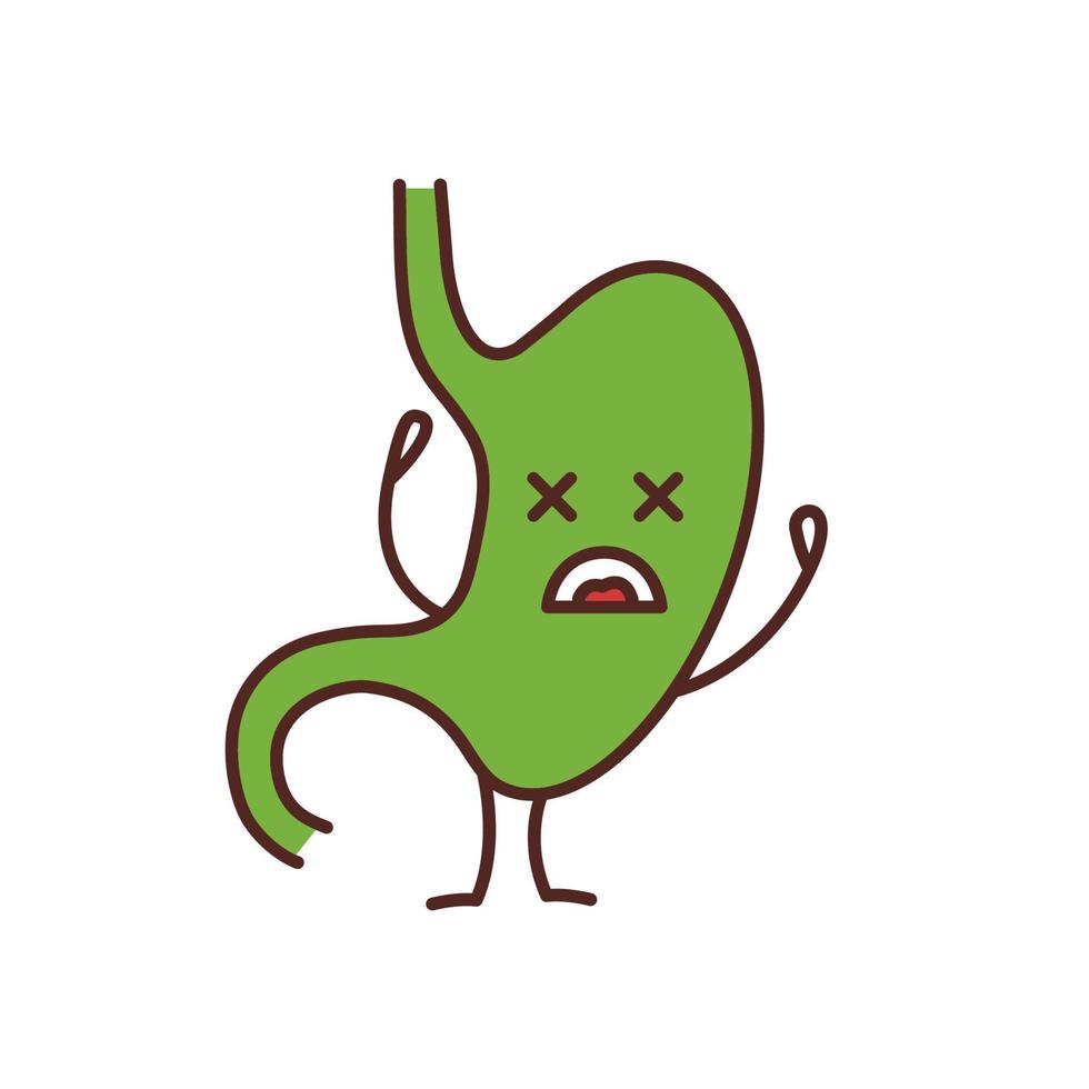 Unhappy stomach character color icon. Gastritis. Unhealthy digestive system. Gastrointestinal tract disease, problem. Indigestion. Isolated vector illustration