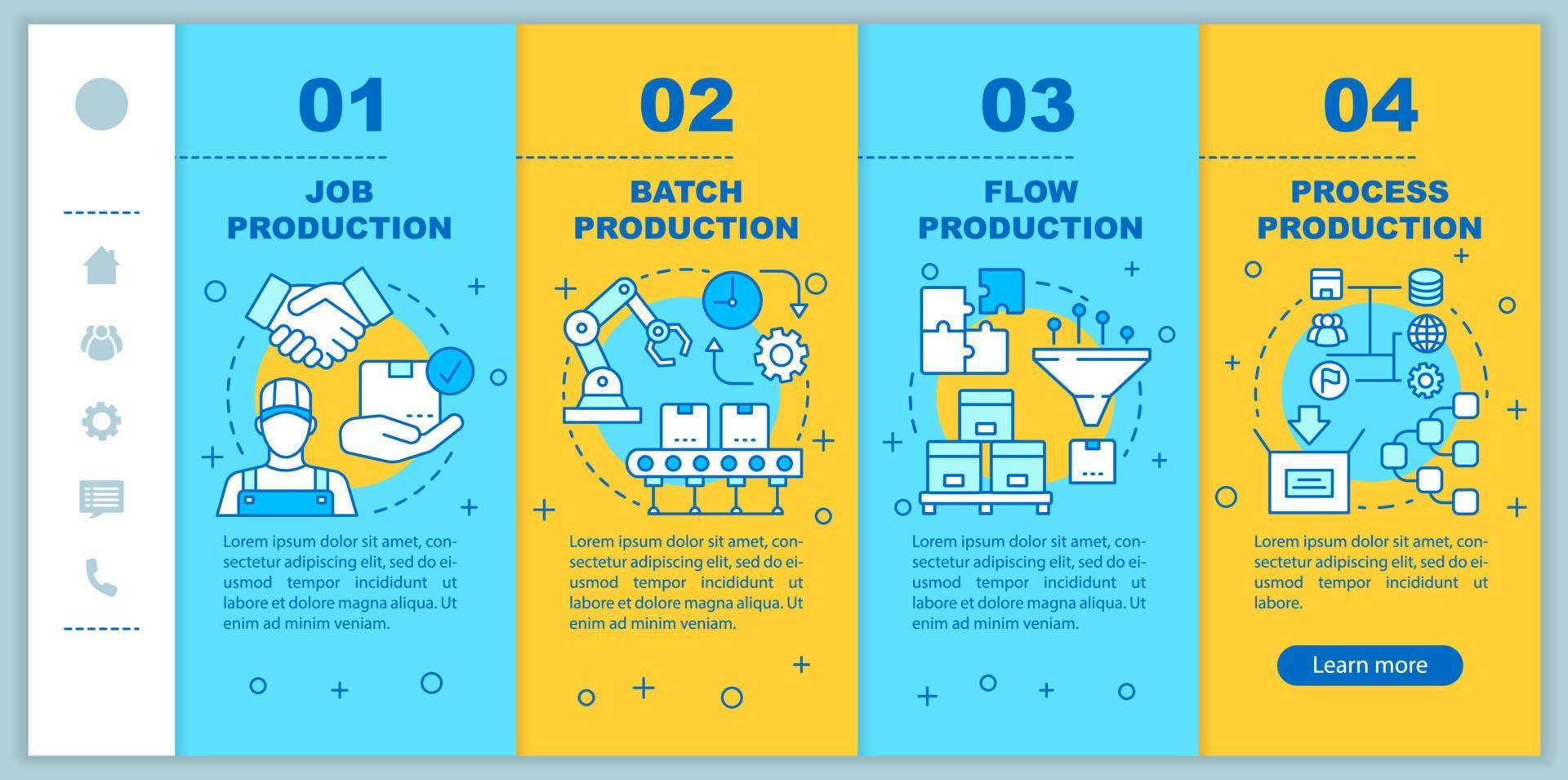 Manufacturing method onboarding mobile web pages vector template. Job, flow production. Responsive smartphone website interface idea with linear icons. Webpage walkthrough step screens. Color concept