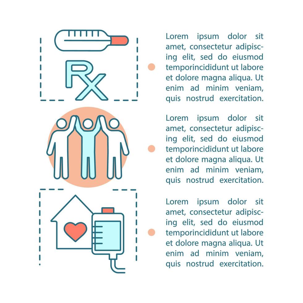 Public health article page vector template. Medicine and healthcare. Brochure, magazine, booklet design element with text boxes. Disease treatment. Print design. Concept illustrations with text space