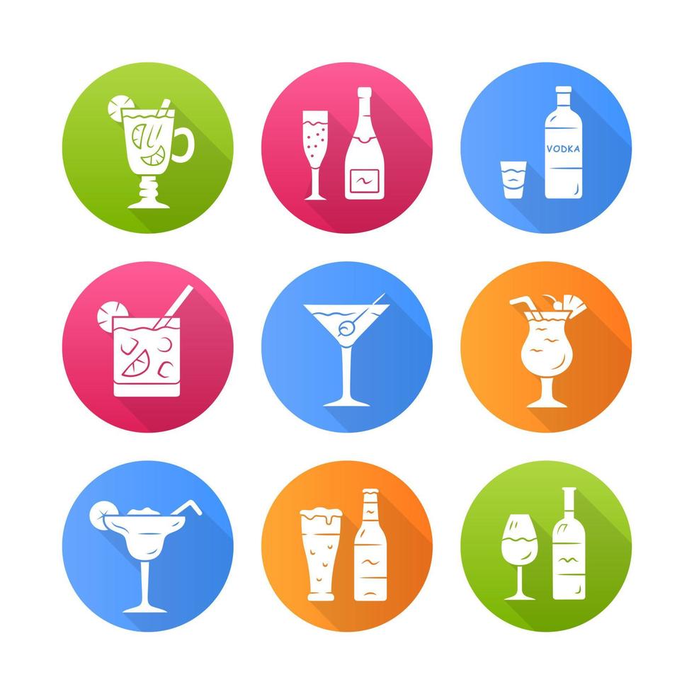 Drinks flat design long shadow glyph icons set. Alcohol drinks card. Champagne, vodka, hot toddy, wine, beer, cocktail in lowball glass, martini, margarita, pina colada. Vector silhouette illustration