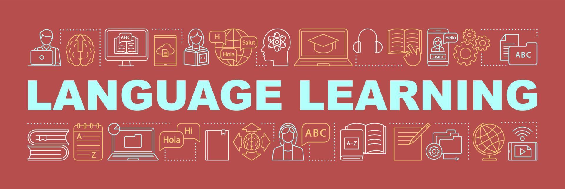 Language learning word concepts banner. Grammar, speaking, communication skills. Isolated lettering typography. Foreign language online school. Self education. Vector outline illustration
