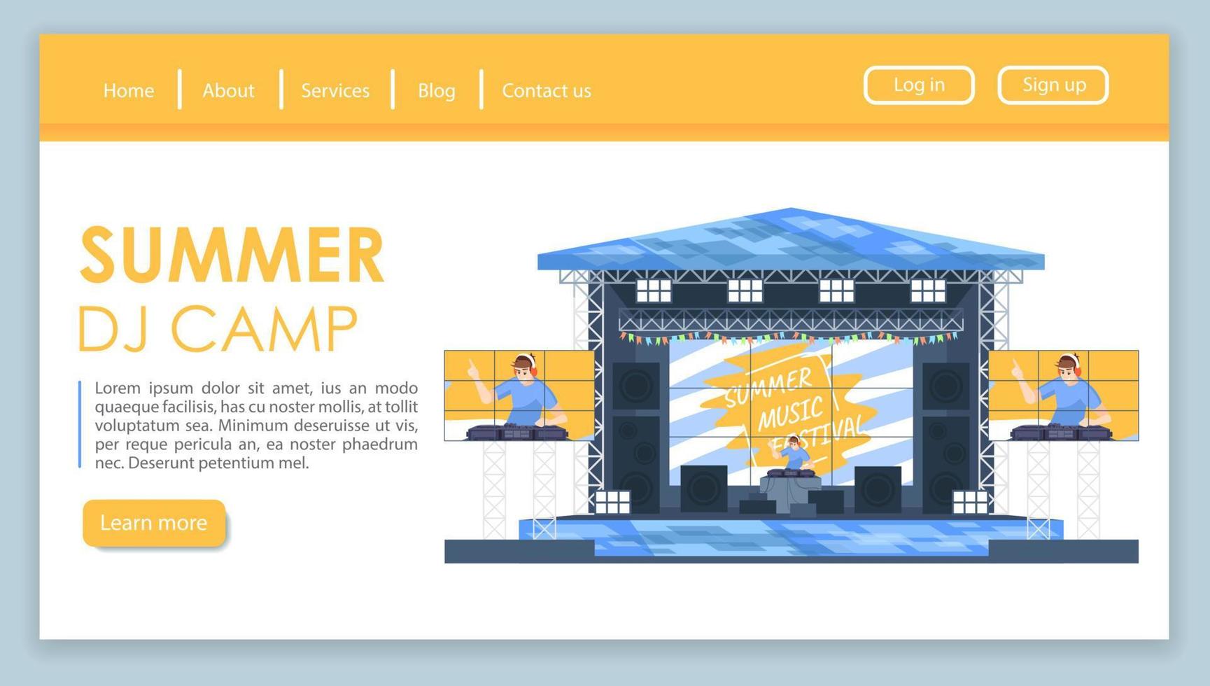 Summer DJ camp landing page vector template. Dance music festival website interface idea with flat illustrations. Open air concert homepage layout. Sound party web banner, webpage cartoon concept