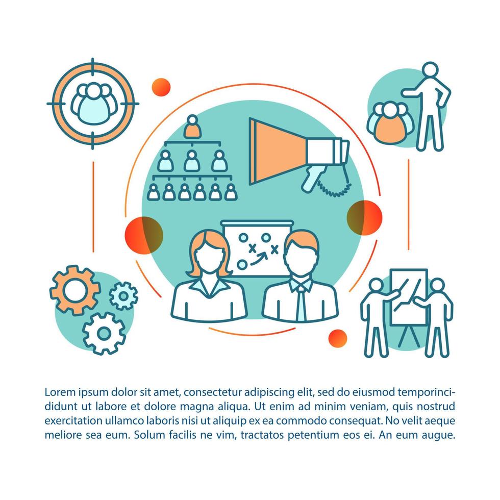 Team building, top management article vector template. Partnership, leadership, teamwork. Brochure, magazine, booklet design element with linear icons and text. Print design. Concept illustrations