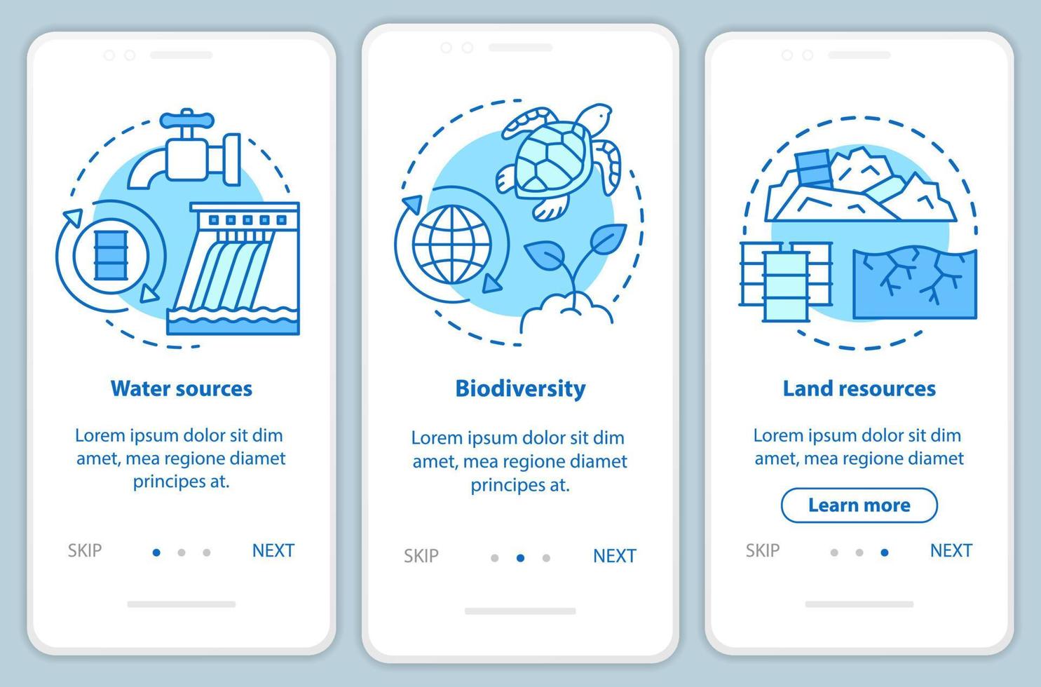 Earth resources onboarding mobile app page screen vector template. Water and land sources, biodiversity. Walkthrough website steps with linear illustrations. UX, UI, GUI smartphone interface concept