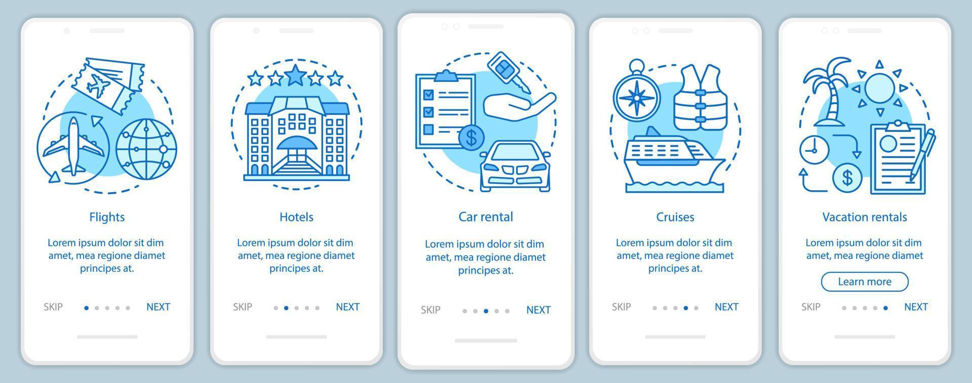 Travel planner blue onboarding mobile app page screen with linear concepts. Flights, hotel, vacation rentals walkthrough steps graphic instructions. UX, UI, GUI vector template with illustrations