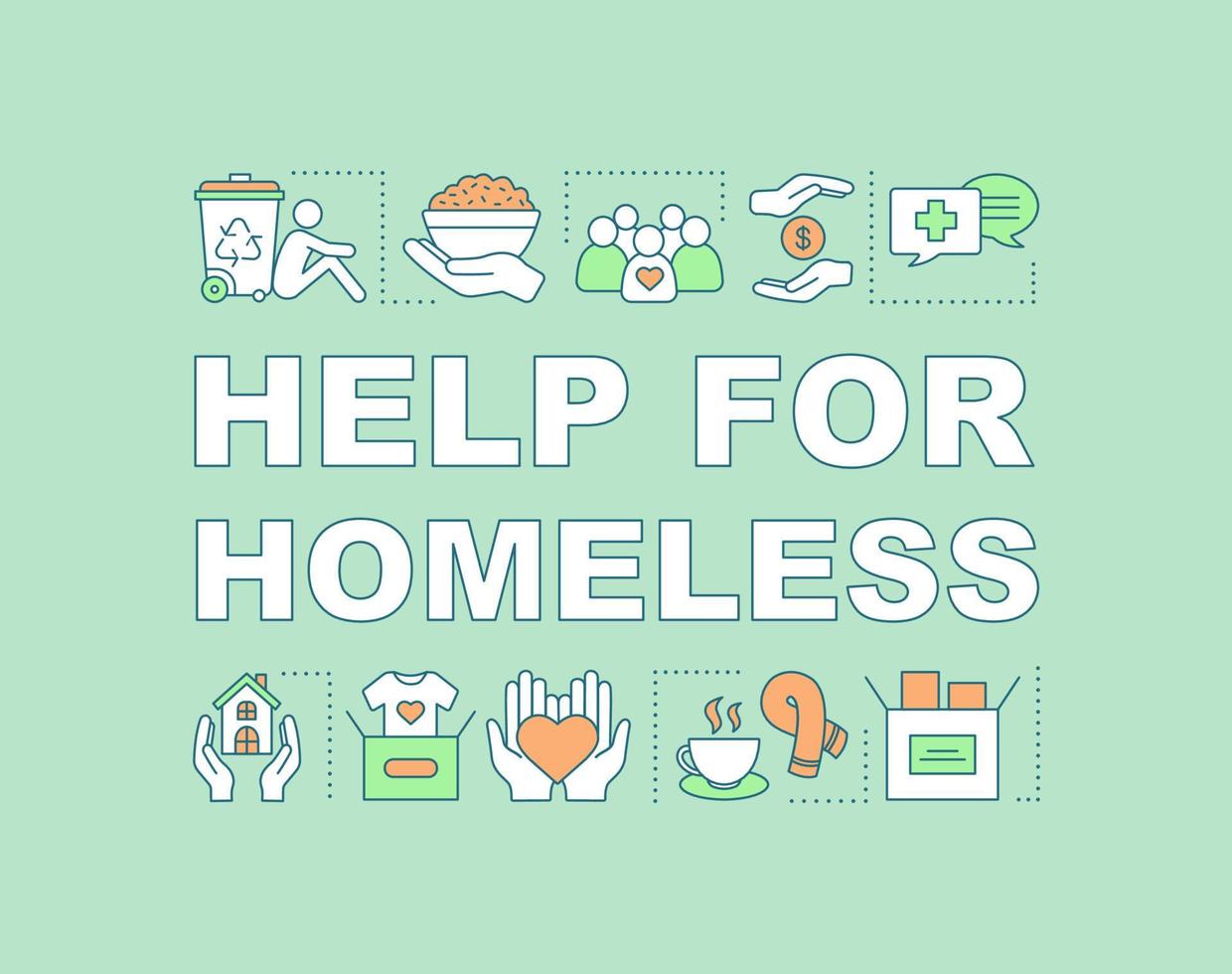 Help for homeless word concepts banner. Emergency shelters, food donation. Charity for beggars. Presentation, website. Isolated lettering typography idea with linear icons. Vector outline illustration