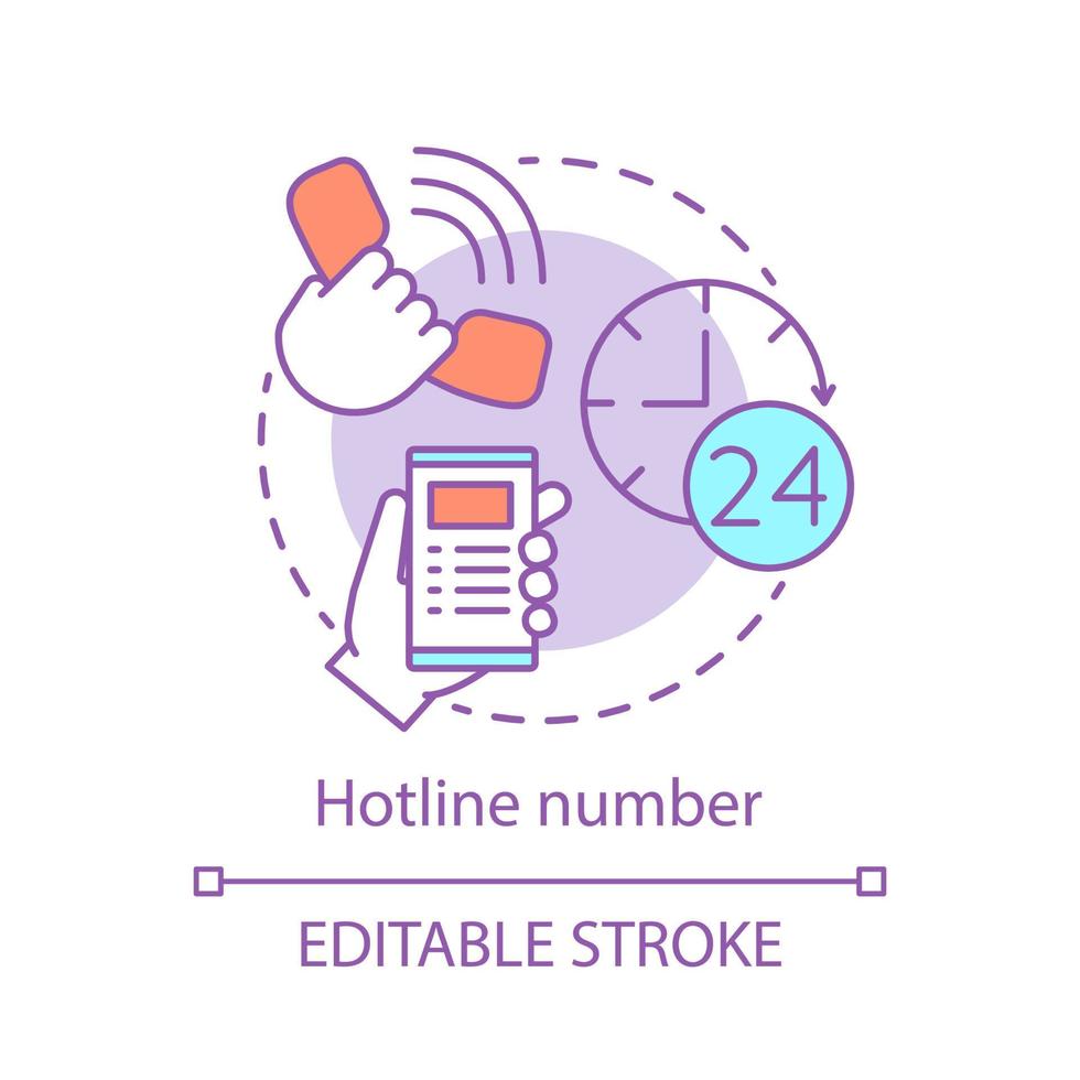 Hotline number concept icon. 24-hour telephone support idea thin line illustration. Violence, suicide prevention. Call center, helpline. Vector isolated outline drawing. Editable stroke