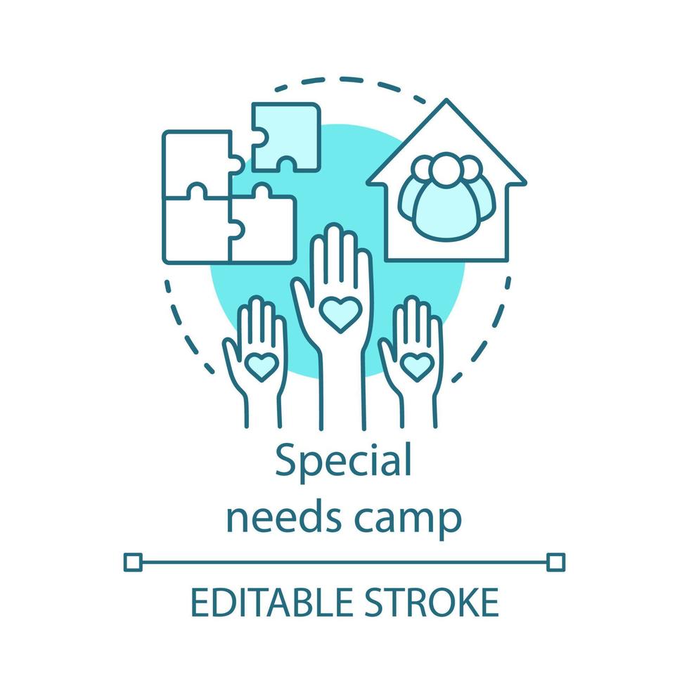 Special needs camp concept icon. Summer handicapped, charity club, community idea thin line illustration. Social aid, assistance organisation. Vector isolated outline drawing. Editable stroke