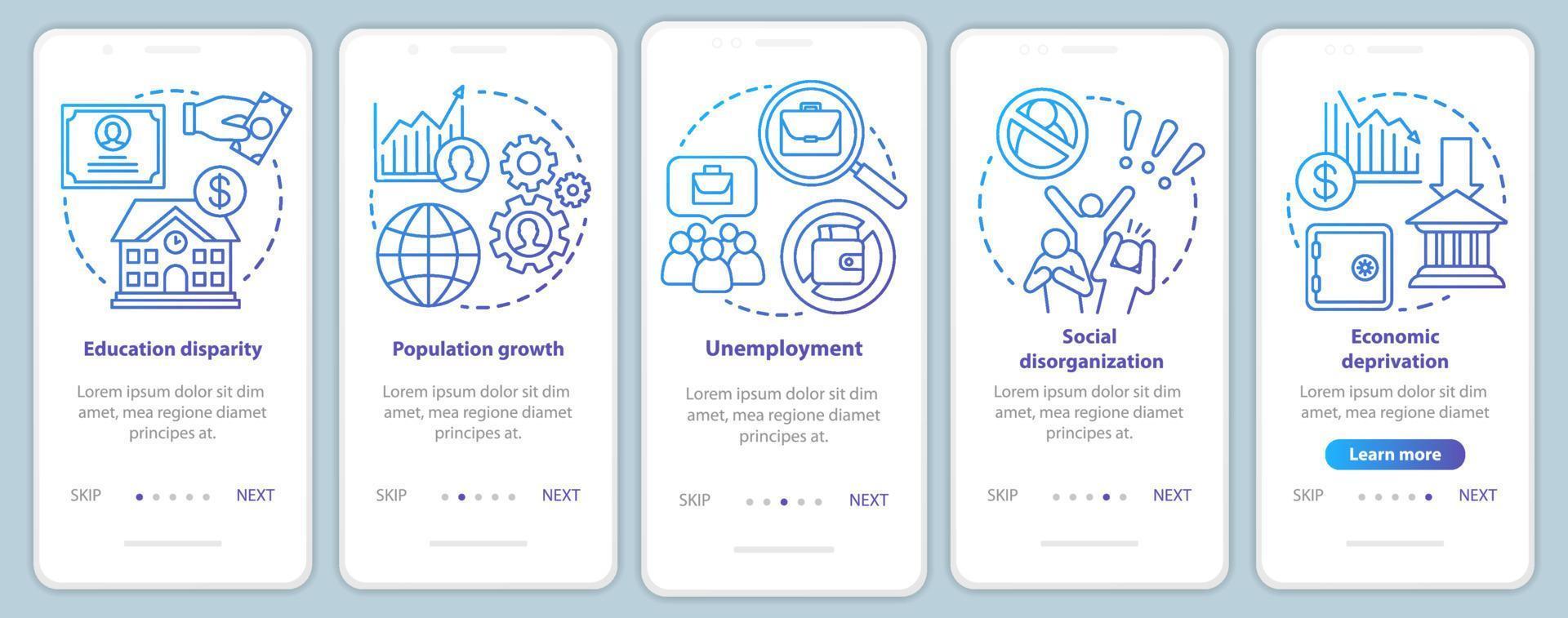 Social problems onboarding mobile app page screen with linear concepts. Unemployment, economic deprivation, population growth walkthrough graphic instructions. UX, UI, GUI vector template with icons