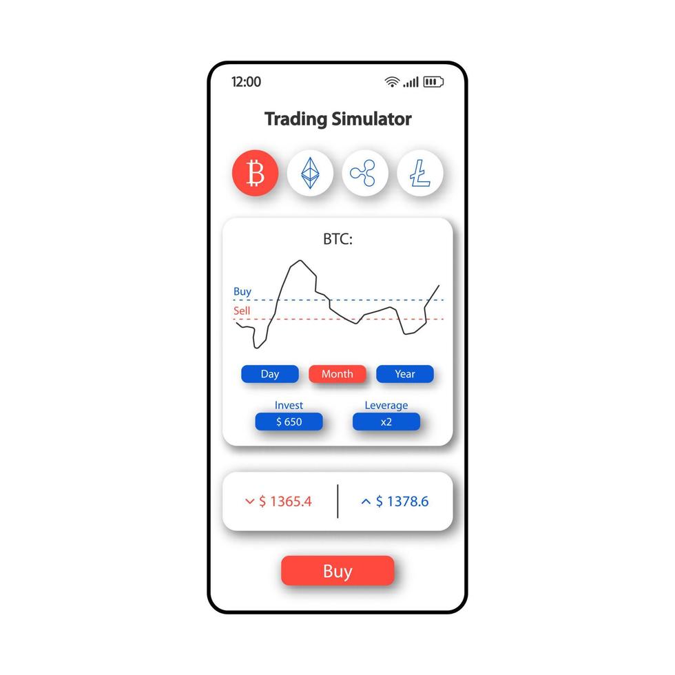 Trading simulator smartphone interface vector template. Mobile app page white design layout. Bitcoin investment screen. Flat UI for application. Cryptocurrency analytics phone display