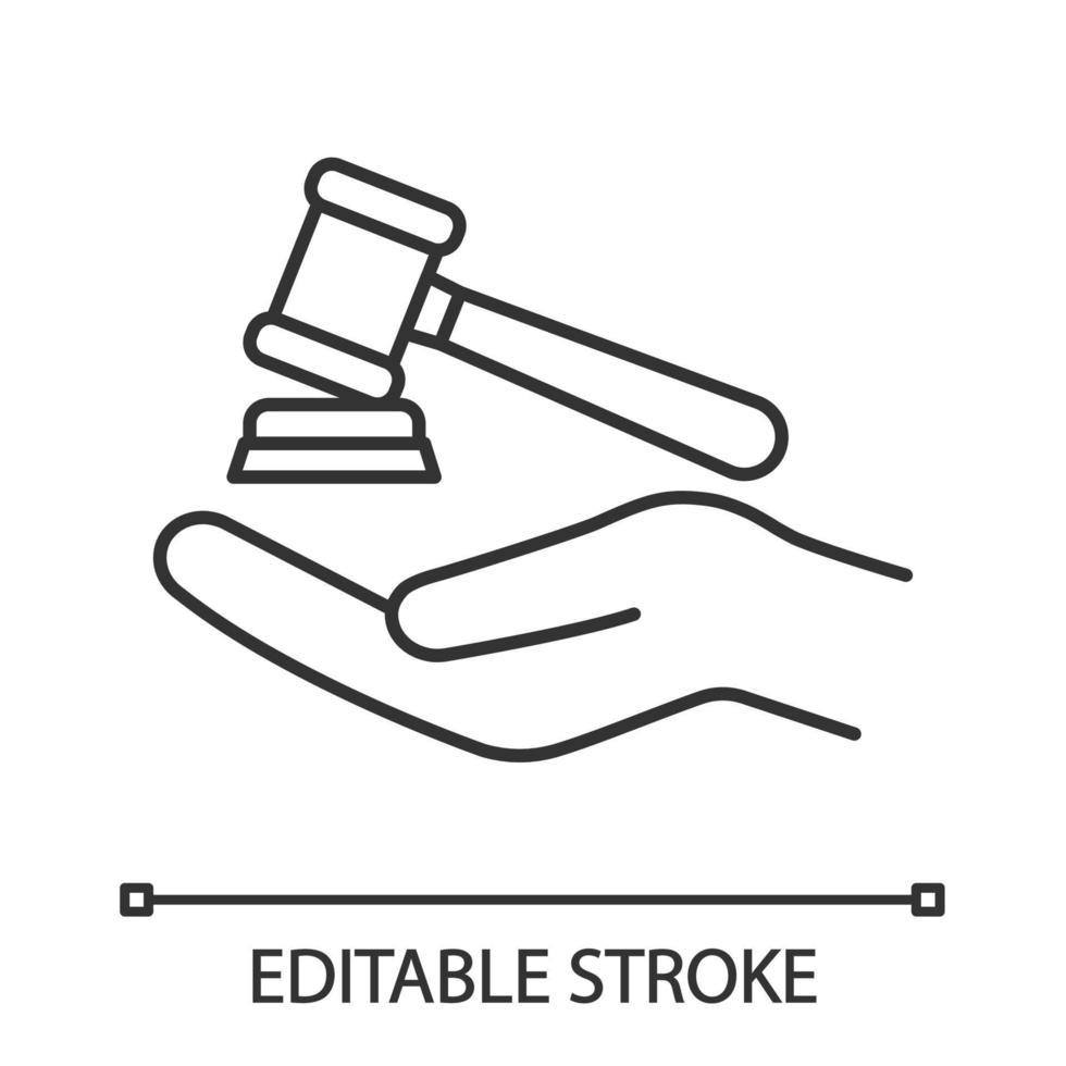 Family law linear icon. Thin line illustration. Gavel, court hammer in hand. Justice, jurisdiction. Auction bid. Divorce mediation, legal separation. Contour symbol. Vector isolated outline drawing