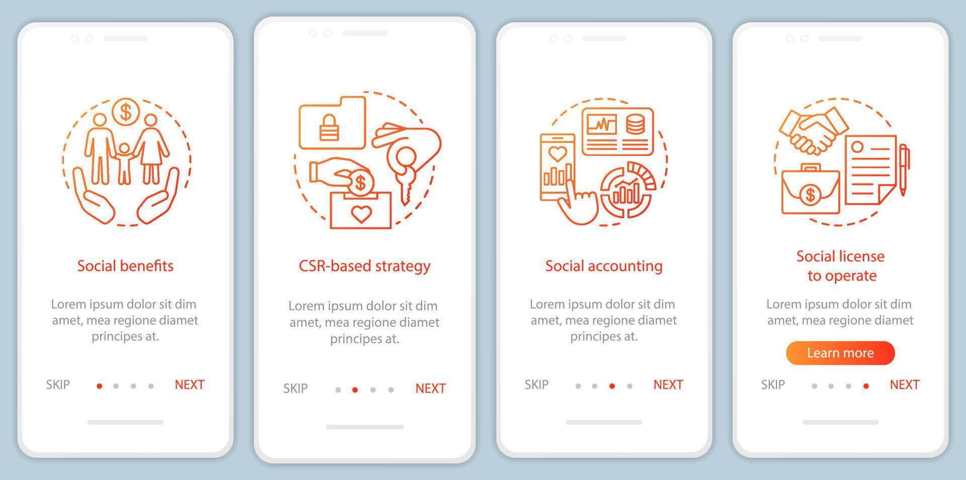 CSR onboarding mobile app page screen vector template. Corporate social responsibility walkthrough website steps. Social welfare, accounting, license. UX, UI, GUI smartphone interface concept