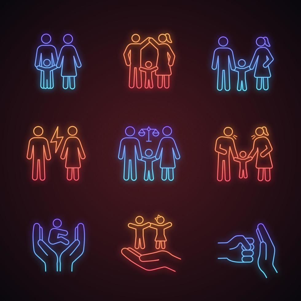 Child custody neon light icons set. Childcare. Family court, quarrel, parents scolding child, children protection and rights, domestic violence. Glowing signs. Vector isolated illustrations